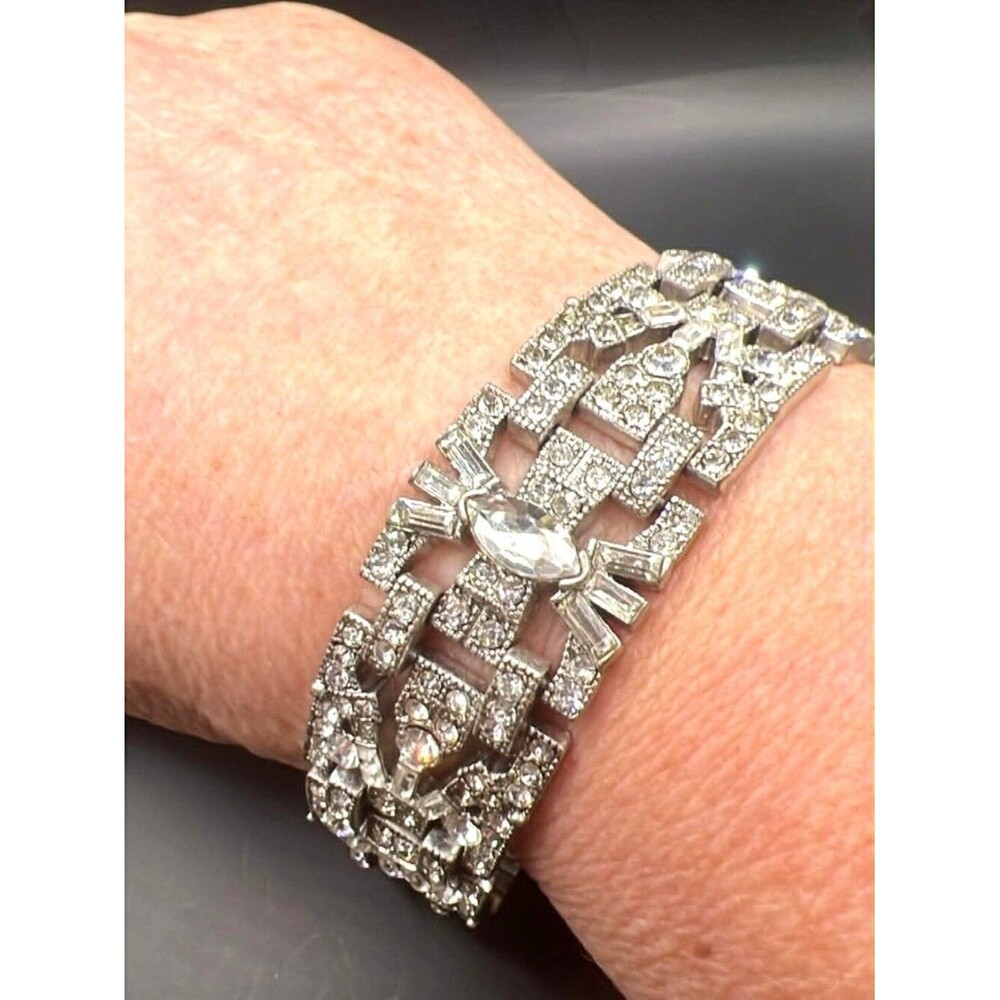 Stella & Dot Silver Crystal Statement Bracelet – Art Deco Style – Adjustable